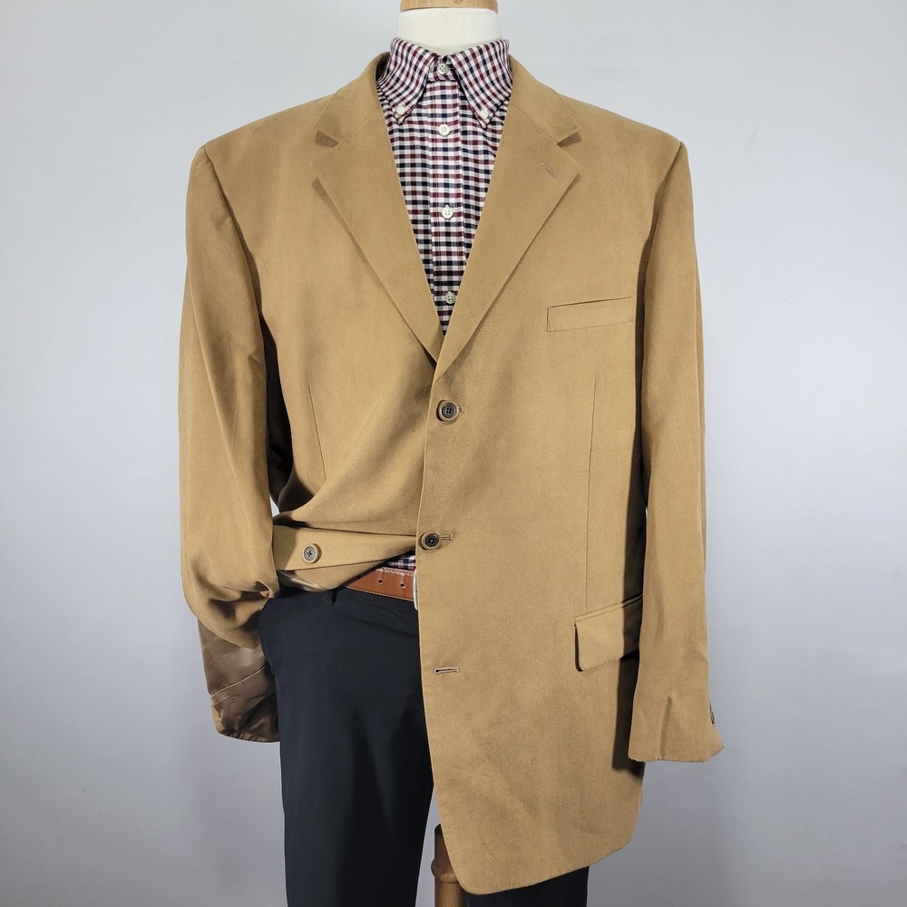 Alfani Men's Sport Coat Blazer Three‎ Button Beige Polyester Sued Size 48L